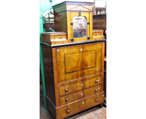 Interesting Early 19th century continental secretaire abbatant of architectural form with mahogany veneers, the fall front en