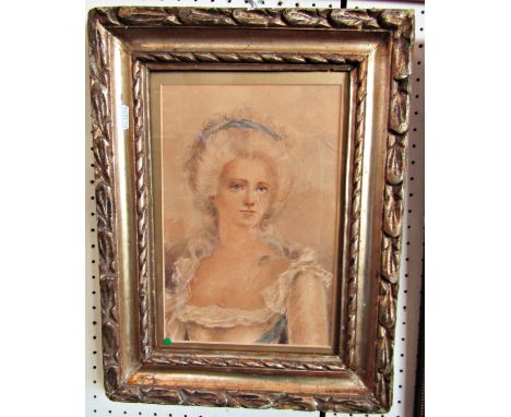 19th century school - Bust length portrait of a lady in 18th century style costume, watercolour and bodycolour on paper, no s