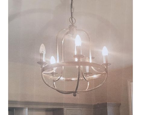 A contemporary pewter frame five branch chandelier together with a further contemporary six branch ceiling light with cream s