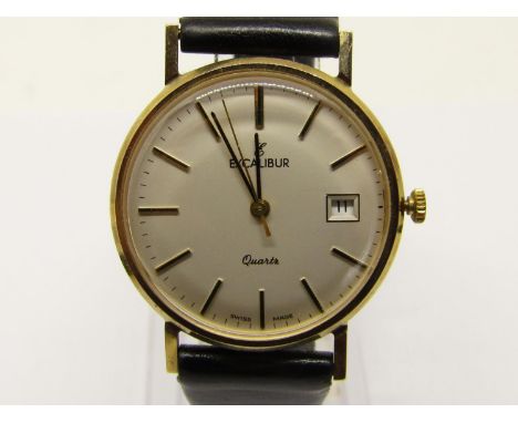 Vintage 9ct Excalibur gent's quartz dress watch, champagne dial with gilt baton markers and date aperture, inscription to bac