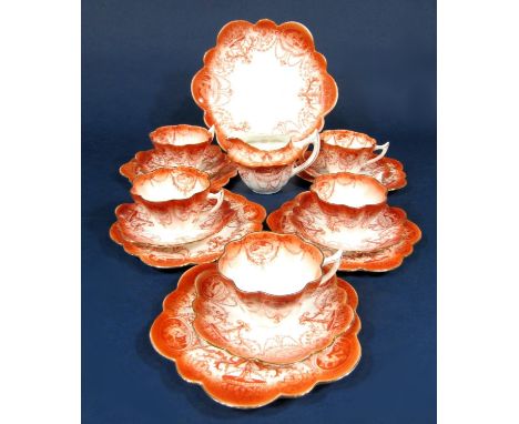 A collection of Foley China teawares in an orange colourway registered number 272764 comprising cake plate, milk jug, five cu