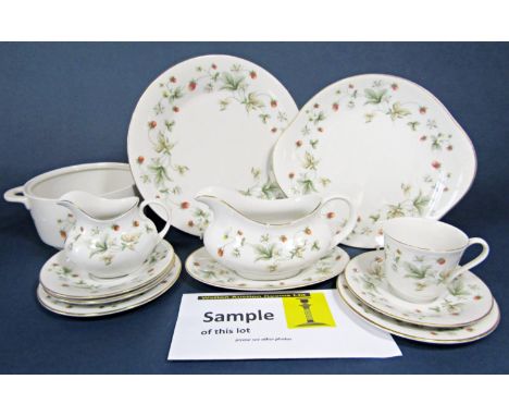 A collection of Royal Doulton Strawberry Cream pattern wares comprising oval serving plate, two oval serving dishes, sauce bo