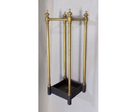 Antique brass and cast iron four divisional stick stand 63cm high, together with six Murano glass dishes of varying shape for