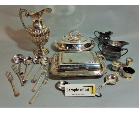 Large collection of silver plated items to include a lobed tall ewer, various flatware, cruets and tablewares, a silver handl