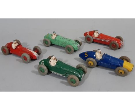 5 Dinky racing cars including Ferrari 23H, Cooper Bristol 23G, Maserati 23N, HWM 23J and Alpha-Romeo 23F. All unboxed, playwo