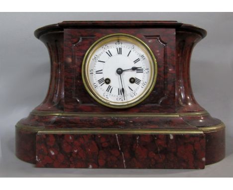 A large 20th century, red marbled, architectural mantel clock, enamelled dial with roman numerals, twin train movement, strik