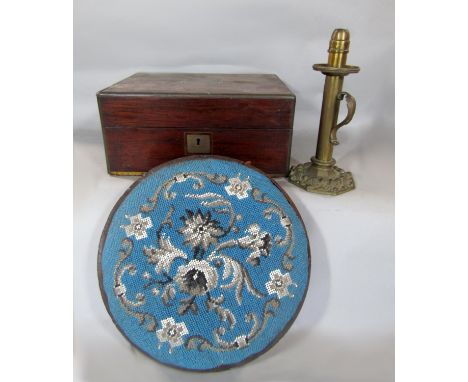 19th century rosewood and brass bound work box together with a further Victorian beadwork stool and further brass students la