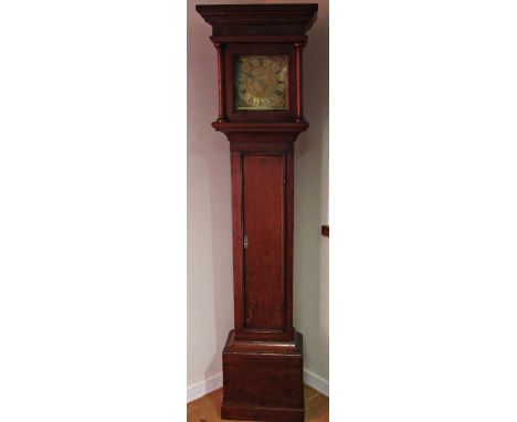 Small 18th century oak longcase clock. the trunk fitted with a full length door enclosing a square brass dial, 23cm square (9