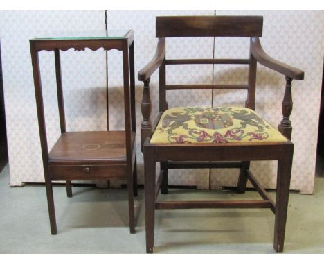 A mixed collection of antique furniture including a Georgian square cut commode on two tiers, a 19th century elbow chair with