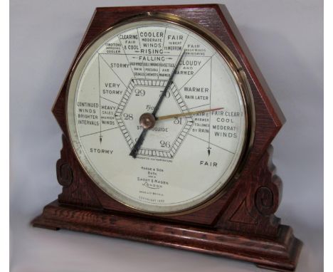 Haig &amp; Son of Bath made by Short &amp; Mason London desk barometer with oak frame and silvered back plate, 37cm high 