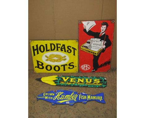 Four hand painted advertising signs in the vintage manner to include, Hold Fast Boots, WHS, Venus Pencils and Humber Fish Man