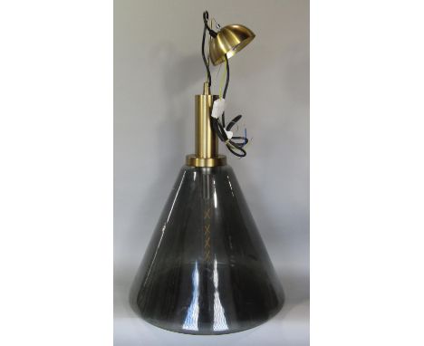 Large smoked glass and gilt steel pendant ceiling light by Dwell, the light fitting 58 cm high 
