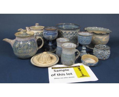 A quantity of studio pottery wares all with glaze in tones of blue and all probably from the Anvil Pottery in Wales, comprisi