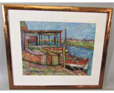 Joan Roobottom (British 20th century) - Estuary scene with fishing boats, pastel on paper, signed with initials JR and with a