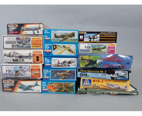 16 model aircraft kits, all 1:72 scale models of WW2 aircraft, appear un-started and most with sealed contents. Includes kits