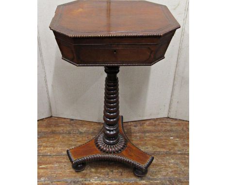 A Regency mahogany ladies sewing table of octagonal form the rising lid revealing fitted interior with many original  turned 