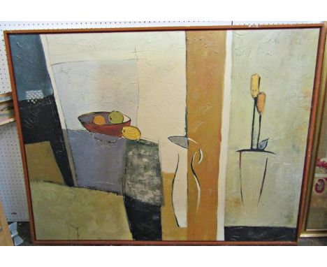 Large coloured print in the 20th century abstract manner with bowl of fruit, vase of flowers, etc, textured print on canvas, 