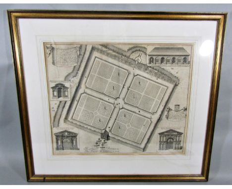 An 18th century black and white engraving of the Physic Garden in Oxon showing a plan of the garden and views of the conserva