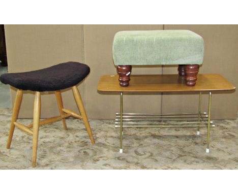 A vintage occasional table with simulated timber top, raised on a brass framework, a further beechwood stool with dished top 