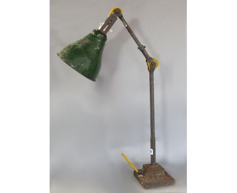 Vintage industrial Dugdills style articulated desk lamp, with green enamel shade, 66cm high 
