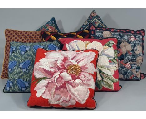 6 modern needlepoint and 2 tapestry style cushions. CR; needlepoint cushions in good clean condition with no colour fade. Tap