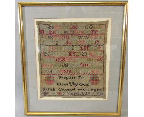 19th century needlework sampler by Sarah Cawood aged seven years, 1839, 29 x 25cm approx, framed 