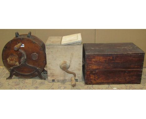 A vintage drum shaped knife cleaner, together with a further vintage small table top  butter churn and a small stained pine b