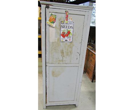 A pair of vintage painted potting shed cupboards with panelled framework and with shelved interior, 183cm high x 73cm and 75c