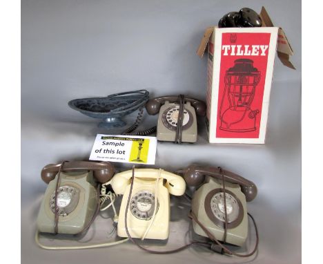 Two boxed Tilley lamps, together with a collection of vintage telephone and a silver plated basket 