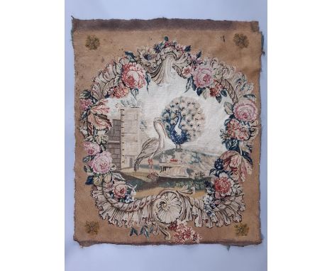 3 18th/19th century Aubusson type woven tapestry panels; first depicts a scene from Aesops fables with a peacock and crane su