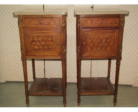 Pair of late 19th century bedside cabinets with parquetry panelled detail, the front elevation fitted with a cupboard door an