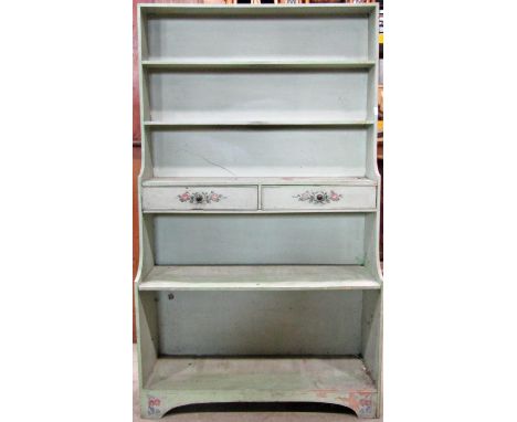 A vintage painted pine waterfall bookcase on five tiers enclosing two frieze drawers with stencilled finish, 132cm high x 76c