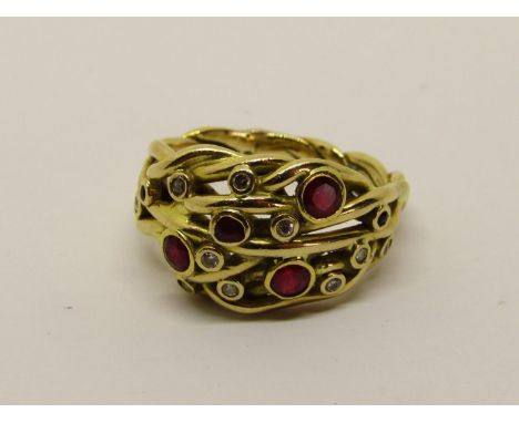 Stylised 14ct ruby and diamond bubble ring, size U, 10.1g 