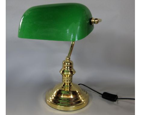 Brass and green glass bankers lamp of typical form, 34cm high 