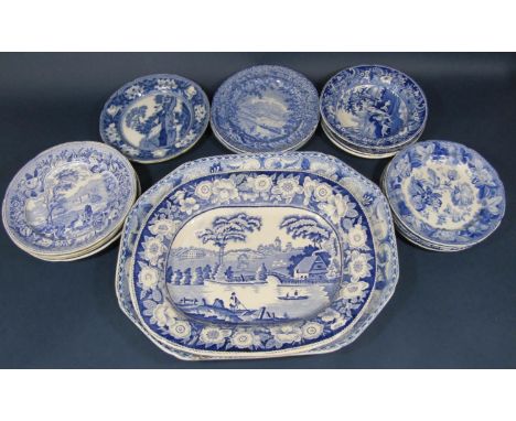 An interesting collection of mainly early 19th century blue and white printed ceramics including oval meat plate from the Ori
