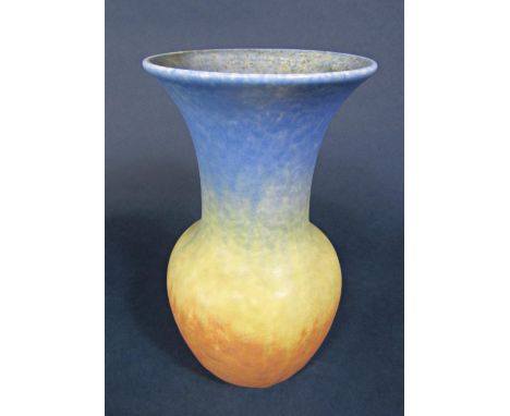 Ruskin Pottery vase with mottled and graduated matt glaze in blue, yellow and orange, with impressed mark to base and numbers