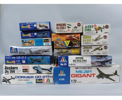 16 boxed model aircraft kits, all 1:72 scale Luftwaffe planes. Includes Italaeri Gigant German glider Messerschmitt ME321, ot