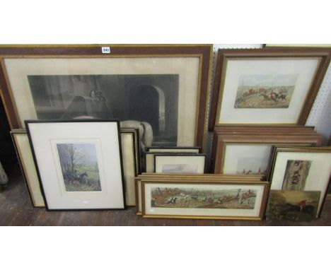 Collection of pictures and prints relating to hunting subjects including a 19th century black and white engraving after Sir E