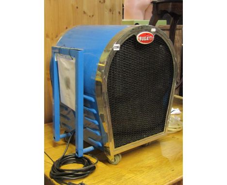A Bugatti EV40 portable de-humidifier in a blue colourway with iconic Bugatti style front grill within a chrome framework 