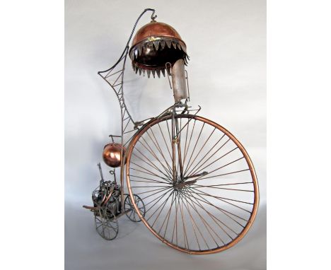 By David Whipp (20th century) - copper and metal steam punk type sculpture of a penny farthing pulling an engine with raised 