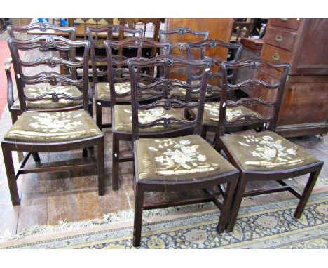 Set of eight Victorian mahogany open ladderback dining chairs (6+2) with carved and moulded frames, the dished seats enclosin