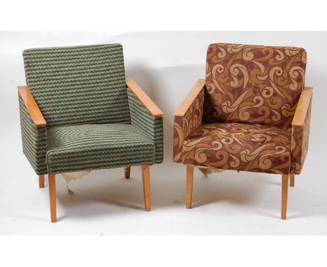 A pair of 1960s beech framed and upholstered club style armchairs, one with green corduroy patterned upholstered and other wi