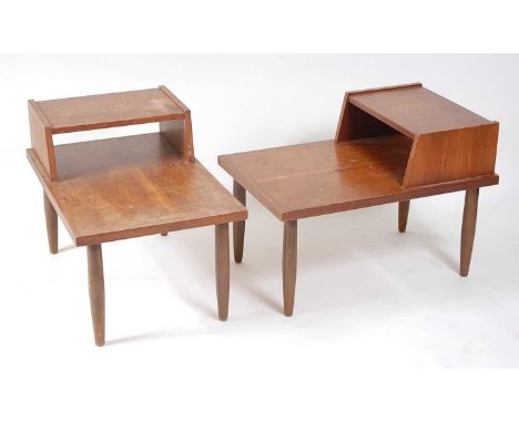A pair of Danish 1970s two-tier lamp tables, each with raised section and on turned tapering supports, stamped numbers verso,