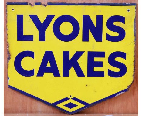 An early 20th century enamel on metal double-sided advertising sign for Lyons' Cakes, 39 x 44cm