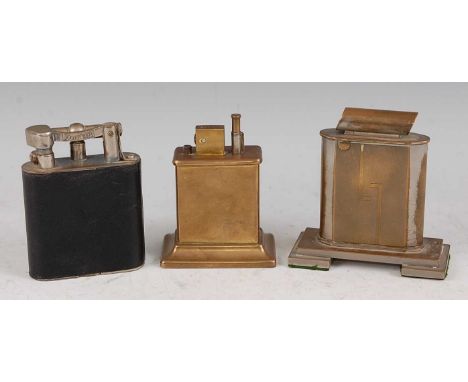 An early 20th century Dunhill chromed metal and black leather clad table lighter, stamped Dunhill Lighter Made in England ver