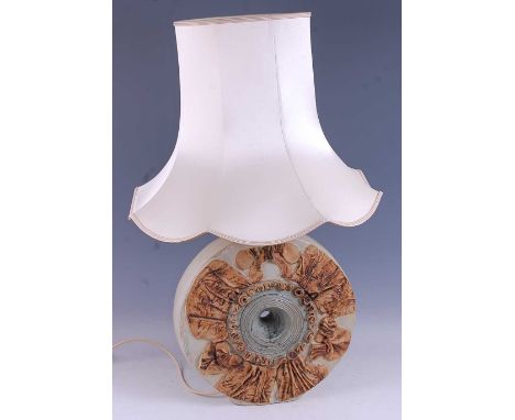 Bernard Rooke (b.1938) - a large stoneware table lamp, of circular slab-sided form, with typical raised and stylised opposing