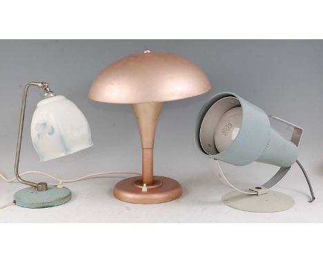 A 1930s Artlite painted aluminium table lamp, with mushroom shade, on/off switch to base, height 37.5cm; together with a 1950