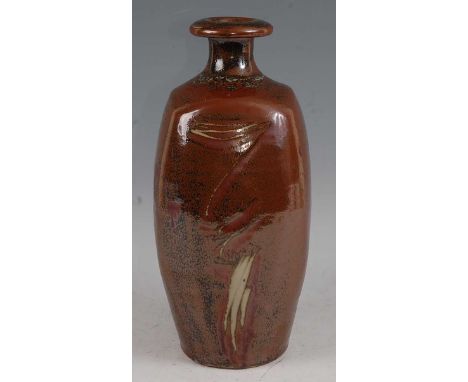 David Leach (1911-2005) - a large studio pottery vase, with Tenmoku glaze, of slightly ovoid tapering form, incised abstract 