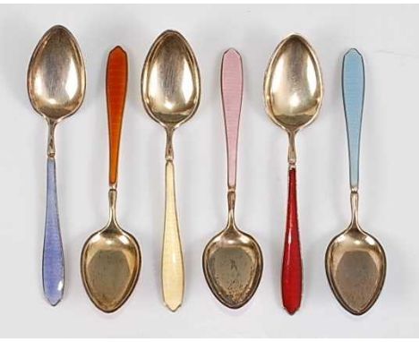 A set of six mid-20th century silver gilt and bright guilloche enamelled decorated coffee spoons, enamel decorated to base of