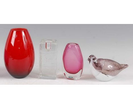 Peter Sparrer for Holmegaard - a red art glass ovoid vase, h.17cm; together with Finnish art glass model of a dove, labelled 